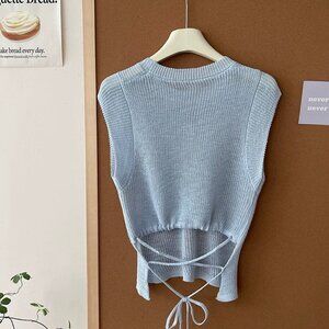 Light blue knit vest back tie women Korean O/S